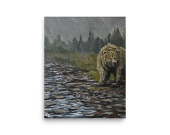 Minitryck av drizzlybjörn, liten grizzlybjörn, väggkonst med djurmålning, naturheminredning, djurhusinredning