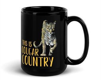 Cougar Country Glansig svart mugg, bergslejonmotiv med djurmotiv på kaffekopp, djurtryck, köksredskap för te