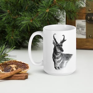 White Pronghorn Mug, Wildlife Print Ceramic Coffee Cup, Glossy Finish Tea Flagon with Original Animal Art,