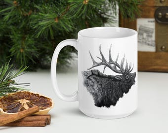 Älgtjursmugg, Blank vit kaffekopp med djurmotiv, Originalkonstverk i keramik för köksredskap för varma drycker, Robust tekopp med djurmotiv.