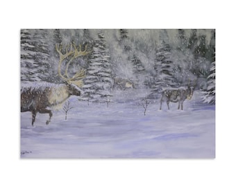 Snöstormsvarning - Minitryck av skogsmarksren, liten målning av vinterhjort, heminredning med vilda djur, dekoration av djurhuset