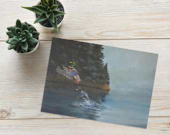 Making A Splash-hälsningskort med kuvert, tomt brev med tryck från gräsand, originell design av vilda fåglar utan AI-konst.