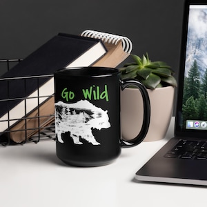 Go Wild Glossy Black Mug, Sturdy Ceramic Wildlife Coffee Mug, Cozy Black Bear Graphic Tea Cup Original Design with No AI Drinking Flagon