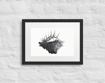 Bergsmusik - Älgtjur 30x40 cm, Inramad passepartout med vilda djur, Djurtryck i originaldesign, Färdig att hänga väggkonst, Naturinredning