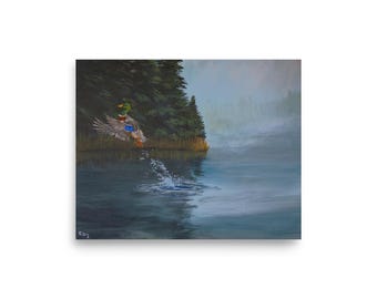 Minitryck med "Making A Splash", målning av gräsand och vilda djur, väggkonst av anka, naturhusdekoration