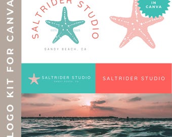 May include: A logo kit for Canva featuring a starfish design. The kit includes a teal starfish logo with the text "SALTRIDER STUDIO" and "ESTD. 2025". A pink starfish logo is also shown, along with a beach scene and color palette.