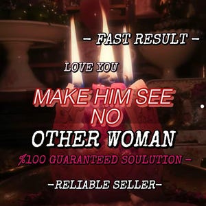 Può includere: Tre candele accese in cera rossa, con sovrapposizioni di testo bianco che recitano: - FAST RESULT - LOVE YOU MAKE HIM SEE NO OTHER WOMAN %100 GUARANTEED SOULUTION - RELIABLE SELLER-. Le fiamme sono giallo brillante e arancioni su sfondo scuro.