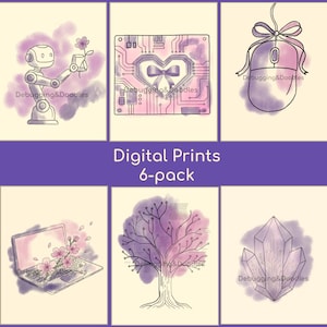 Puede incluir: Un conjunto de seis impresiones digitales con ilustraciones de arte lineal y toques de acuarela morada. Los diseños incluyen un robot con una flor, un corazón de placa de circuito, un ratón de ordenador con un lazo, un portátil con flores de cerezo, un árbol de circuitos y un cristal.