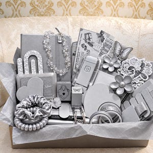 May include: A curated gift box filled with silver-toned items including a notebook, a beaded necklace, a satin scrunchie, spiral hair ties, heart-shaped accents, a butterfly-shaped embellishment, floral patches, adhesive tapes, and a small power bank.