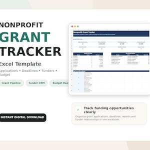 Puede incluir: Una plantilla de Excel digital para el seguimiento de subvenciones sin fines de lucro con una interfaz de hoja de cálculo con columnas para solicitudes, plazos, financiadores y presupuesto. El texto incluye Nonprofit Grant Tracker, Excel Template, Grant Pipeline, Funder CRM, Budget Dashboard e Instant Digital Download.