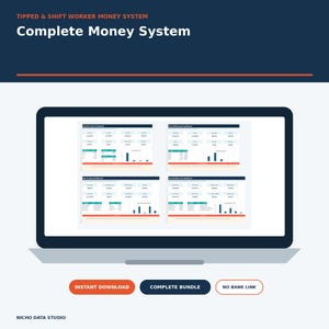 Puede incluir: Una pantalla de ordenador portátil que muestra un sistema financiero para trabajadores con propinas y turnos, con cuatro paneles, gráficos y tablas. Debajo hay tres botones con los textos Instant Download, Complete Bundle y No Bank Link.