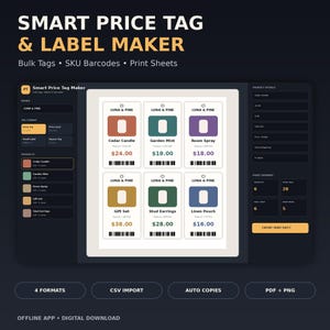 Price Tag & Barcode Label Generator, Printable Product Hang Tag Maker for Small Business