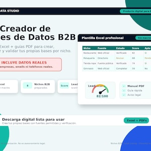 Puede incluir: Un kit digital para crear bases de datos B2B que incluye una plantilla de Excel y guías en PDF. La interfaz muestra una hoja de cálculo profesional, un medidor de puntuación de leads y textos como Nicho Data Studio y No incluye datos reales.