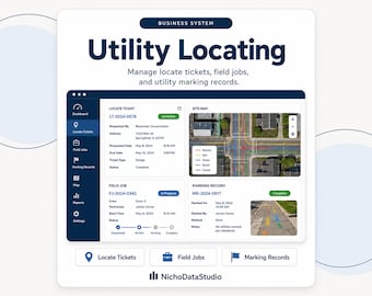 May include: A digital interface for a Utility Locating business system. The dashboard displays locate tickets, field jobs, and marking records with a site map showing color-coded utility lines. Text includes Utility Locating, NichoDataStudio, and various ticket details.