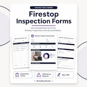 Puede incluir: Un conjunto de formularios de inspección de cortafuegos que incluye un informe central con una tabla resumen, un gráfico circular y una foto de una instalación. El documento incluye un registro de deficiencias y una hoja de corrección.