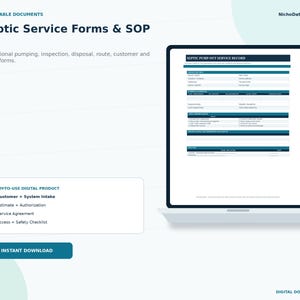 Puede incluir: Un kit digital con 12 formularios editables de servicio séptico y documentos SOP mostrados en una pantalla de portátil. La interfaz incluye secciones para admisión de clientes, presupuestos, acuerdos de servicio y listas de seguridad.