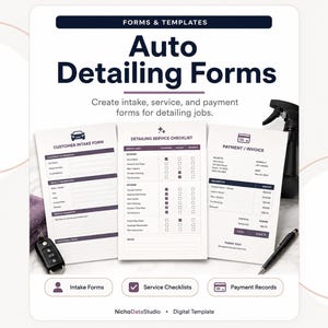 Puede incluir: Un conjunto de tres formularios impresos para detallado de automóviles, que incluyen una ficha de cliente, una lista de verificación de servicio y una factura. Los documentos presentan texto y encabezados azul oscuro sobre papel blanco.