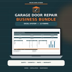 Puede incluir: Una pantalla de producto digital para un paquete de negocios de reparación de puertas de garaje con un sistema Excel y 12 formularios. El gráfico muestra la pantalla de una computadora portátil con un panel de control, gráficos y tablas de datos.