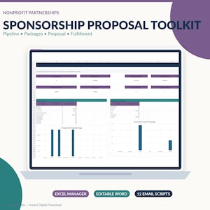 Puede incluir: Un kit de herramientas de propuesta de patrocinio digital que se muestra en la pantalla de una computadora portátil, con una hoja de cálculo de Excel con tablas de datos, gráficos de barras y el texto Nonprofit Partnerships, Sponsorship Proposal Toolkit.