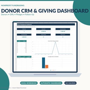 Puede incluir: Un panel de control digital de CRM y donaciones para donantes en la pantalla de una computadora portátil. La interfaz incluye tablas de datos para donantes, regalos, promesas y seguimientos, junto con un gráfico de líneas y uno de barras.