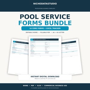 Puede incluir: Un paquete de formularios de servicio de piscina de NICHODATASTUDIO con 14 formularios principales y un rastreador de Excel. El conjunto incluye archivos de Word editables y PDF rellenables en tamaños A4 y US Letter para uso empresarial.