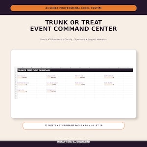 Puede incluir: Una plantilla de hoja de cálculo digital titulada Trunk or Treat Event Command Center, que presenta un sistema profesional de Excel de 21 hojas. El panel muestra métricas del evento, incluidos gastos, patrocinios, voluntarios y progreso de planificación.