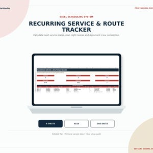 Puede incluir: Un sistema de programación en Excel titulado Recurring Service & Route Tracker mostrado en una pantalla de portátil. La interfaz presenta un panel con campos de datos rojos, tablas para la planificación de rutas y botones 6 Sheets, XLSX y Due Dates.
