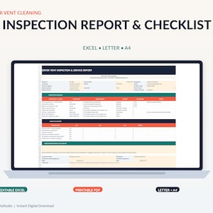 Op de afbeelding: Een digitaal sjabloon voor een inspectierapport en checklist voor het reinigen van drogerkanalen, weergegeven op een laptopscherm. Het document bevat secties voor inspectieresultaten, uitgevoerde werkzaamheden en aanbevelingen.