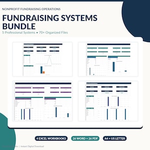 Peut inclure: Un ensemble de systèmes de collecte de fonds pour les opérations à but non lucratif comprenant 5 systèmes professionnels et plus de 70 fichiers organisés. Le graphique affiche quatre tableaux de bord avec des graphiques et des tableaux de données, incluant 4 classeurs Excel, 26 fichiers Word et 26 fichiers PDF aux formats A4 et US letter.