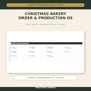 Puede incluir: Una plantilla de hoja de cálculo digital titulada 18-Sheet Professional Excel System para un sistema de pedidos y producción de panadería navideña. El panel muestra métricas que incluyen ventas, pagos y márgenes.