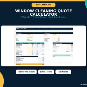 Puede incluir: Una plantilla de Excel para una calculadora de presupuestos de limpieza de cristales con secciones para datos del cliente, supuestos del trabajo, servicios y costes estimados. El diseño incluye un resumen de precios y un total final.