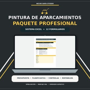 Puede incluir: Un sistema digital de gestión profesional de pintura de aparcamientos mostrado en una pantalla de portátil. El gráfico incluye el texto NICHO DATA STUDIO, PINTURA DE APARCAMIENTOS PAQUETE PROFESIONAL, SISTEMA EXCEL + 12 FORMULARIOS, y PRESUPUESTA, PLANIFICAIFICA, CONTROLAA, RENTABILIZA.