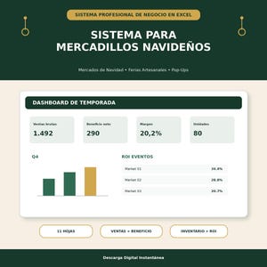Könnte beinhalten: Ein digitales Business-Dashboard für Weihnachtsmärkte in Excel mit einer dunkelgrünen Kopfzeile und dem Text 'SISTEMA PROFESIONAL DE NEGOCIO EN EXCEL' sowie 'SISTEMA PARA MERCADILLOS NAVIDEÑOS'. Es zeigt Verkaufsdaten, Gewinn, Margen und ROI-Diagramme.