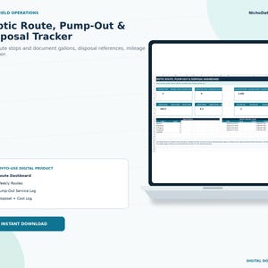 Puede incluir: Una plantilla de hoja de cálculo de Excel digital titulada Septic Route, Pump-Out & Disposal Tracker mostrada en una pantalla de portátil. La interfaz incluye un panel para realizar un seguimiento de las paradas de ruta, galones, kilometraje y mano de obra.