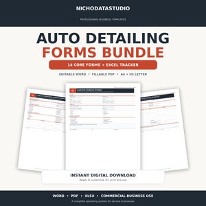 Puede incluir: Un paquete digital de formularios comerciales para detallado de automóviles que incluye 14 formularios principales y un rastreador de Excel. Los documentos son editables en Word, rellenables como PDF y disponibles en tamaños A4 y US Letter.
