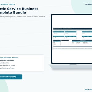 Puede incluir: Un kit de herramientas digitales para un negocio de servicios sépticos con una computadora portátil que muestra un panel de operaciones. El texto incluye Septic Service Business Complete Bundle, cuatro sistemas Excel, 12 formularios y productos digitales.