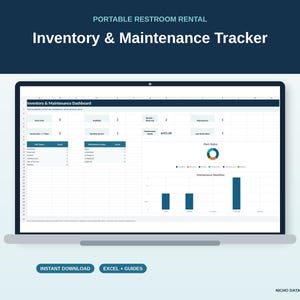 Puede incluir: Un rastreador digital de inventario y mantenimiento para alquiler de baños portátiles en una pantalla de computadora. El panel incluye tablas de datos, un gráfico circular para el estado de la flota y un gráfico de barras de mantenimiento.
