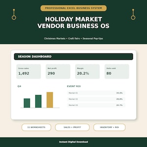 Puede incluir: Un sistema de gestión empresarial digital para Excel con un encabezado verde oscuro con el texto Professional Excel Business System, Holiday Market Vendor Business OS y Christmas Markets, Craft Fairs, Seasonal Pop-Ups. El panel muestra métricas de temporada, un gráfico de barras y datos de ROI de eventos.