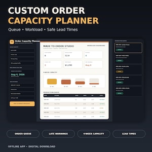 Puede incluir: Un panel digital de planificación de capacidad de pedidos personalizados con resumen de carga de trabajo, cola de producción y gráficos de capacidad de 4 semanas. La interfaz muestra texto como "MADE TO ORDER STUDIO" sobre un fondo oscuro.