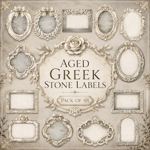 May include: A collection of decorative stone-textured frames and labels in various shapes including oval, rectangular, and ornate styles. The central label features the text AGED GREEK STONE LABELS PACK OF 48 in a dark brown serif font.
