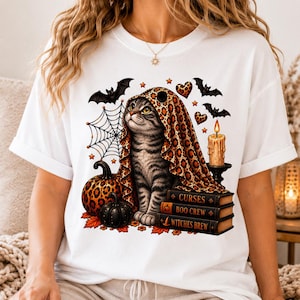 May include: A white t-shirt featuring a graphic of a grey tabby cat draped in a leopard print blanket. The design includes a spider web, bats, a lit candle, pumpkins, and a stack of three books labelled Curses, Boo Crew, and Witches Brew.