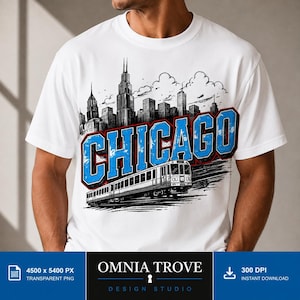 May include: A white short-sleeve t-shirt featuring a graphic print of the Chicago skyline in black and white ink. The word CHICAGO is printed in large, distressed blue block letters with a red outline, positioned above a train illustration.