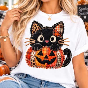 Patchwork Black Cat Pumpkin PNG, Halloween Fall Design (Digital Download)
