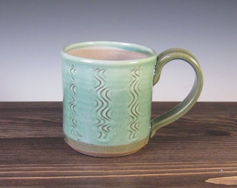 Mug - green with slip and tool design