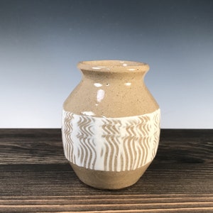 Bud vase/ small vase, natural tan with white slip and wavy design image 3