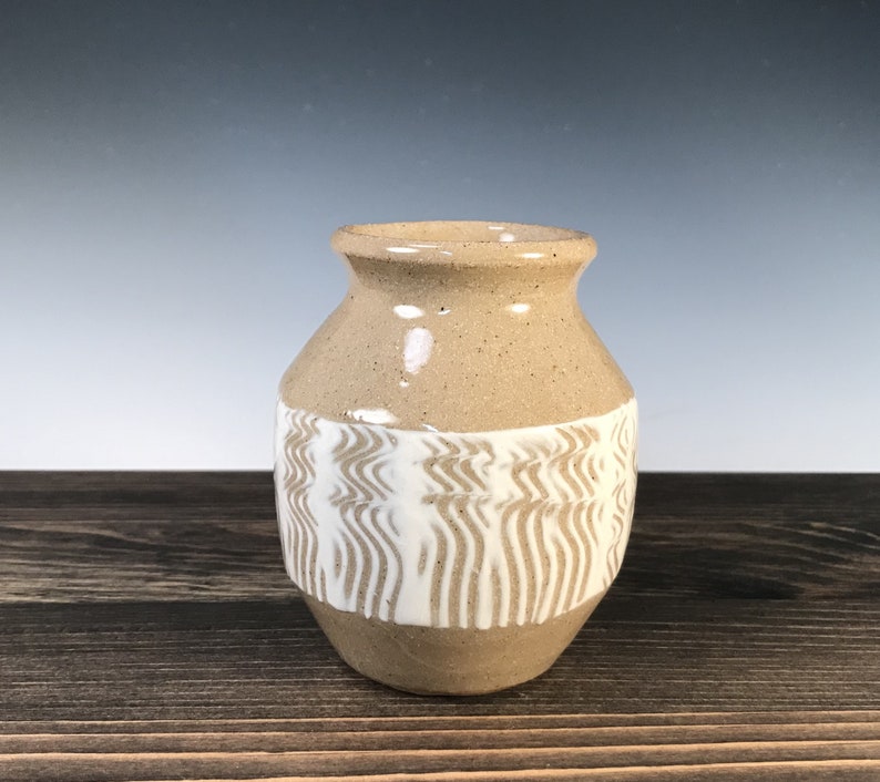 Bud vase/ small vase, natural tan with white slip and wavy design image 3