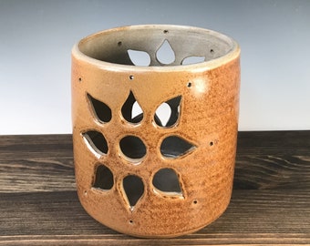 Luminary candle holder, light brown with flower design