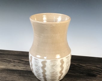 Vase - clear/natural with white slip, finger marks and line design