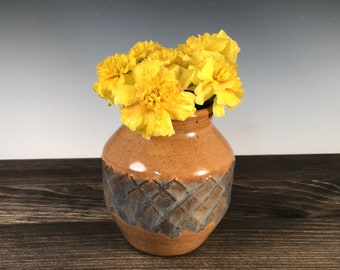 Bud vase/small vase, tan nutmeg and blue with diamond pattern