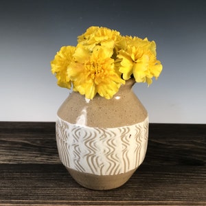 Bud vase/ small vase, natural tan with white slip and wavy design image 1